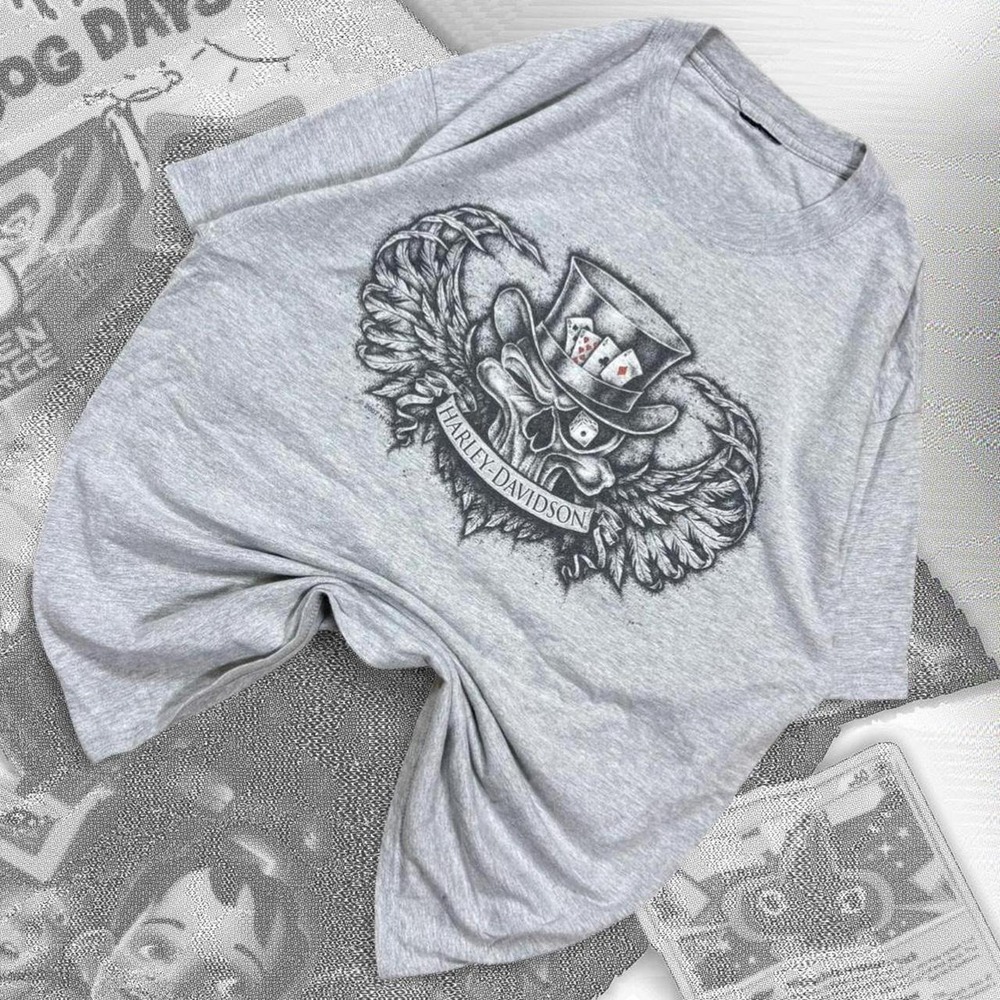 Y2K Gray & Black Harley Davidson Los Vegas Skull Grunge Biker Graphic Tee